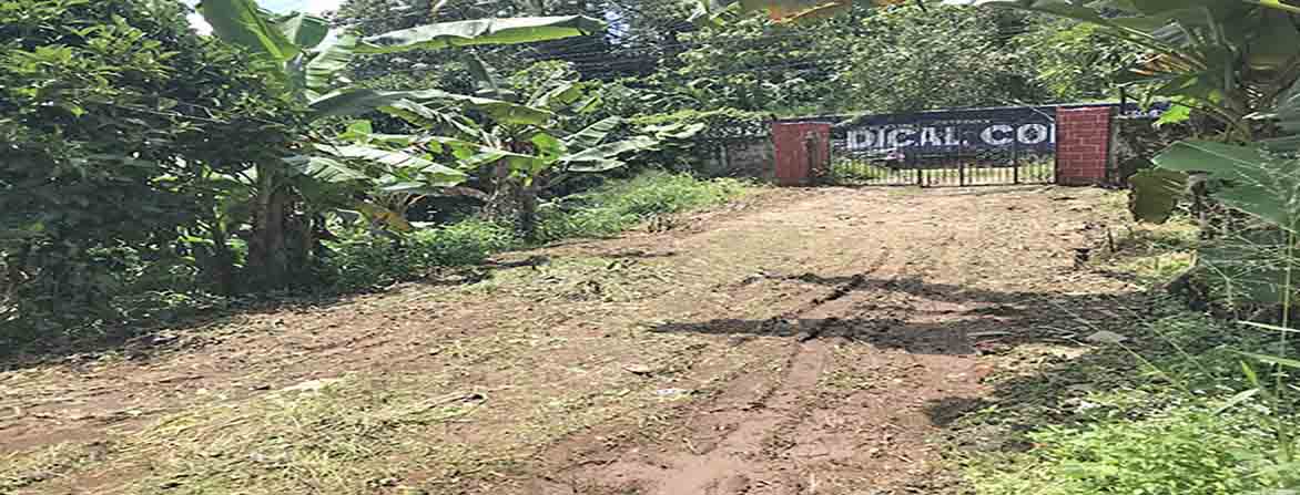 A view of the entrance to a commercial land for sale near Manjadi, Thiruvalla, with a metal gate flanked by two brick pillars and a banner for a medical college in the background.