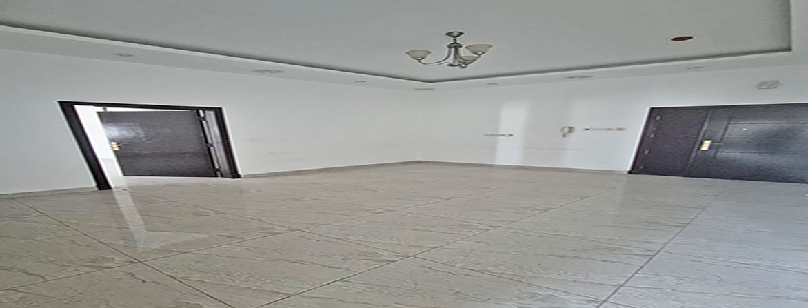 An empty office space showing two dark-colored doors, one of which is a main entrance.